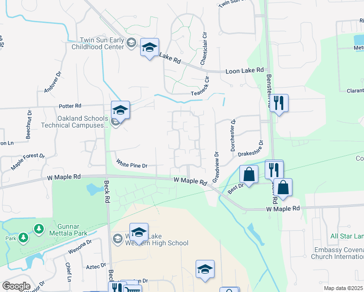 map of restaurants, bars, coffee shops, grocery stores, and more near 25104 Chesapeake Circle in Commerce Charter Township