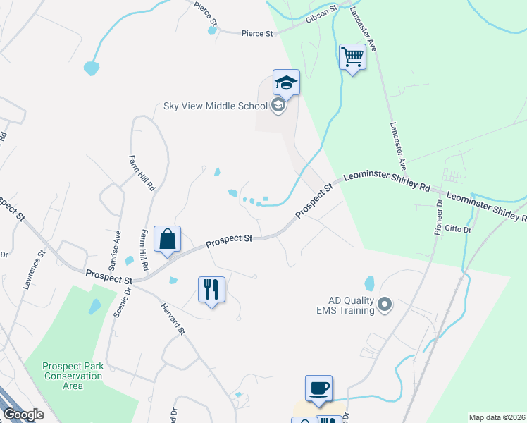 map of restaurants, bars, coffee shops, grocery stores, and more near 542 Prospect Street in Leominster