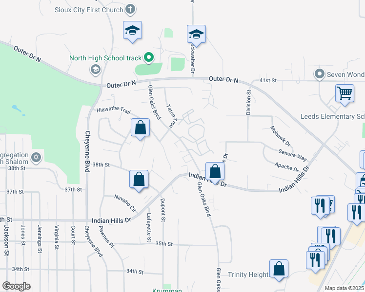 map of restaurants, bars, coffee shops, grocery stores, and more near 3825 Glen Oaks Boulevard in Sioux City