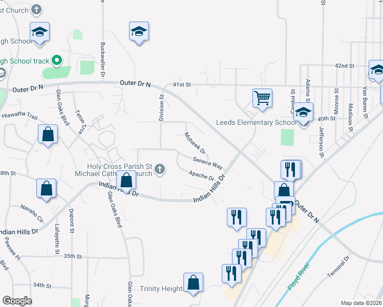 map of restaurants, bars, coffee shops, grocery stores, and more near 2430 Mohawk Drive in Sioux City