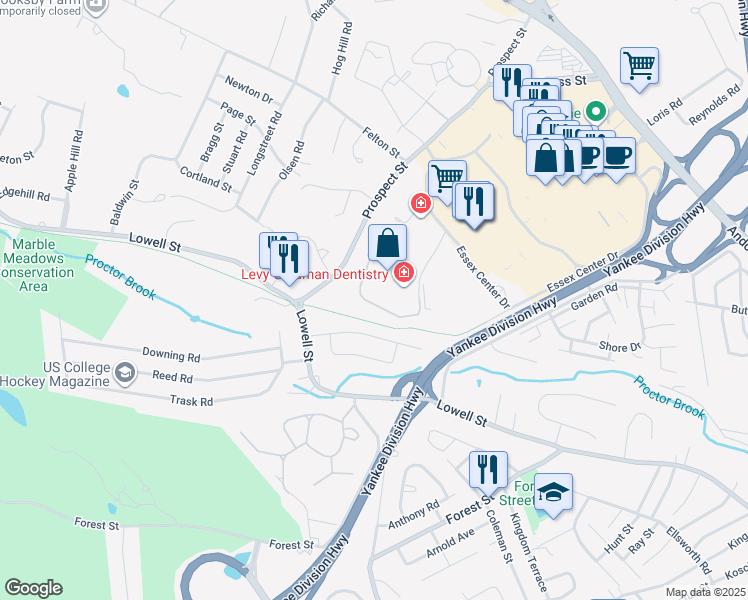 map of restaurants, bars, coffee shops, grocery stores, and more near 15 Essex Green Lane in Peabody