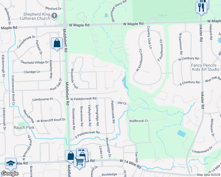 map of restaurants, bars, coffee shops, grocery stores, and more near 5147 Corners Drive in West Bloomfield Township