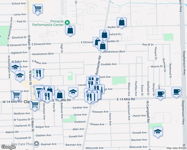 map of restaurants, bars, coffee shops, grocery stores, and more near 425 North Rochester Road in Clawson