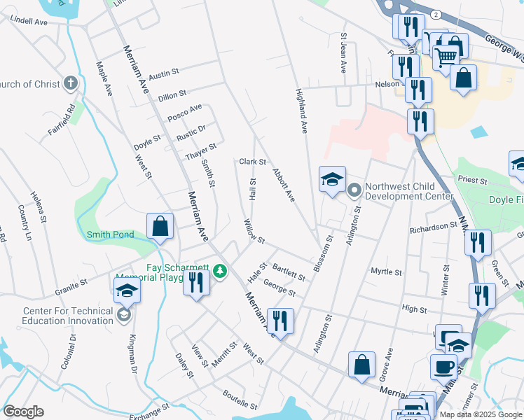 map of restaurants, bars, coffee shops, grocery stores, and more near 133 Hall Street in Leominster