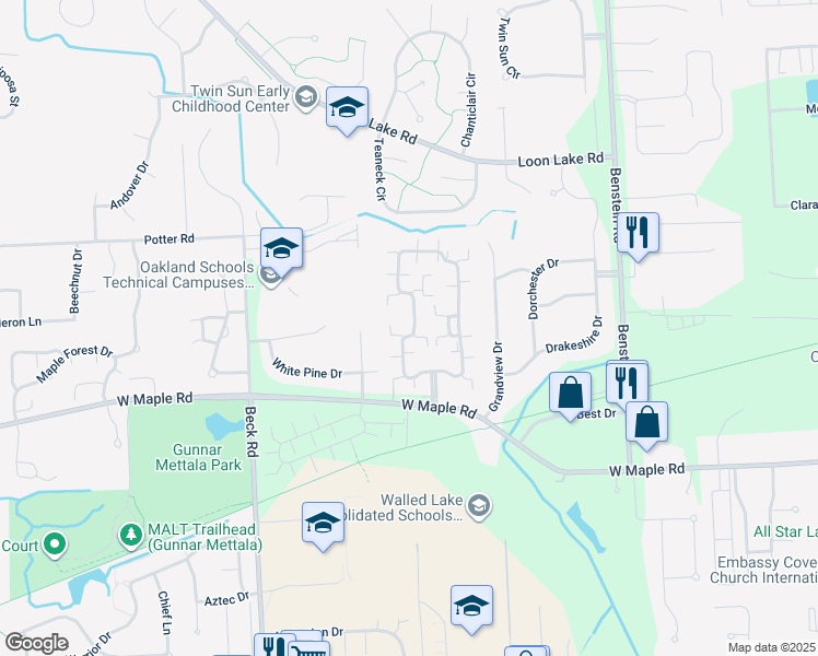 map of restaurants, bars, coffee shops, grocery stores, and more near 25104 Chesapeake Circle in Commerce Charter Township