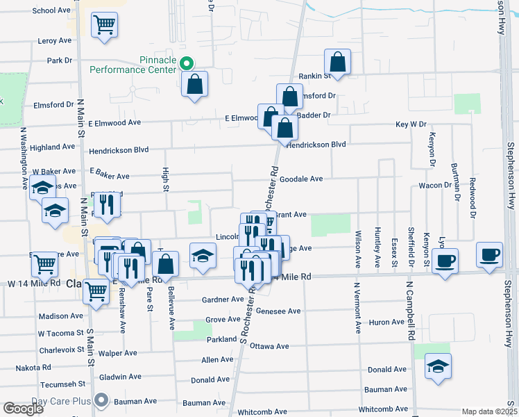 map of restaurants, bars, coffee shops, grocery stores, and more near 425 North Rochester Road in Clawson