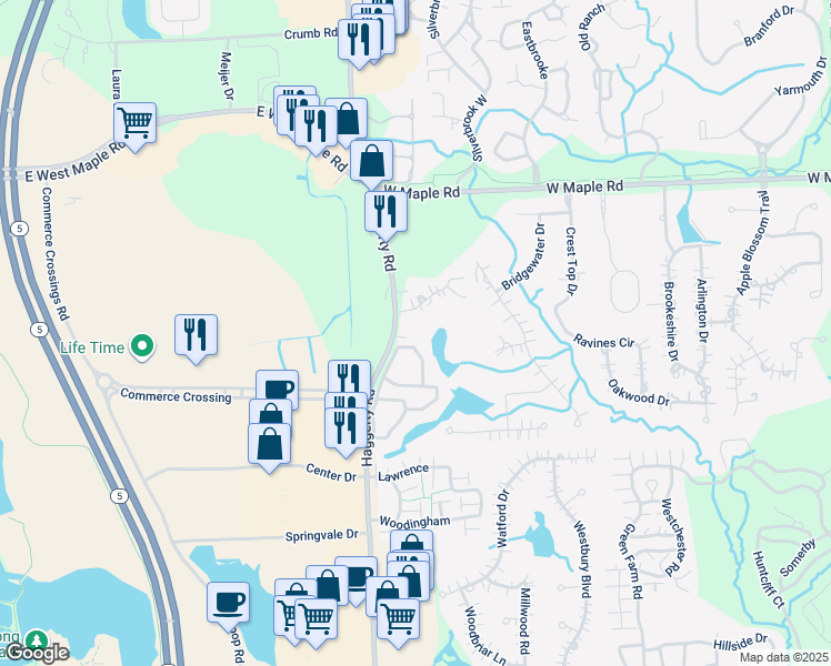 map of restaurants, bars, coffee shops, grocery stores, and more near 650 Haggerty Road in West Bloomfield Township