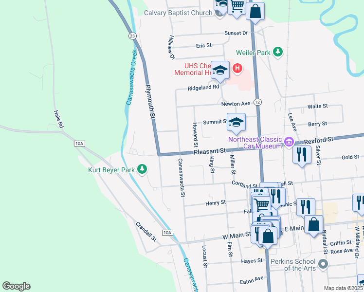 map of restaurants, bars, coffee shops, grocery stores, and more near 84 Canasawacta Street in Norwich