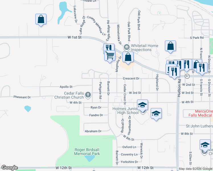 map of restaurants, bars, coffee shops, grocery stores, and more near 125 Barnett Drive in Cedar Falls