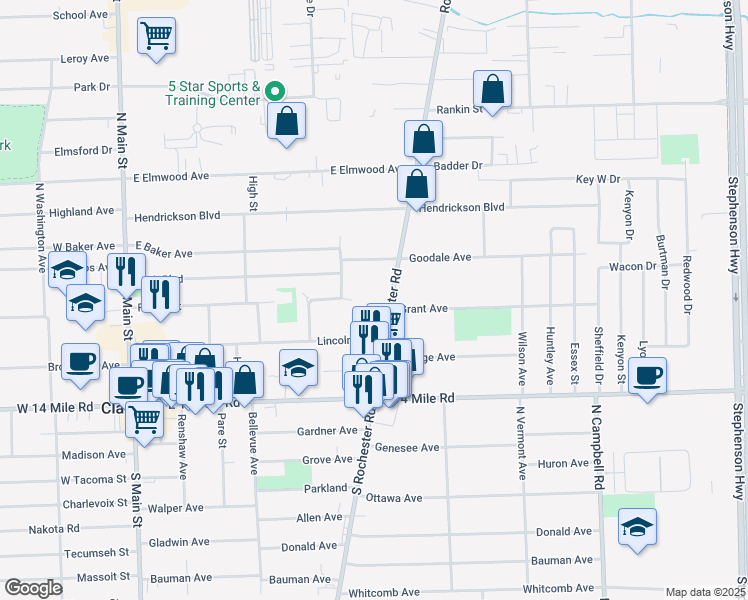 map of restaurants, bars, coffee shops, grocery stores, and more near 447 North Rochester Road in Clawson