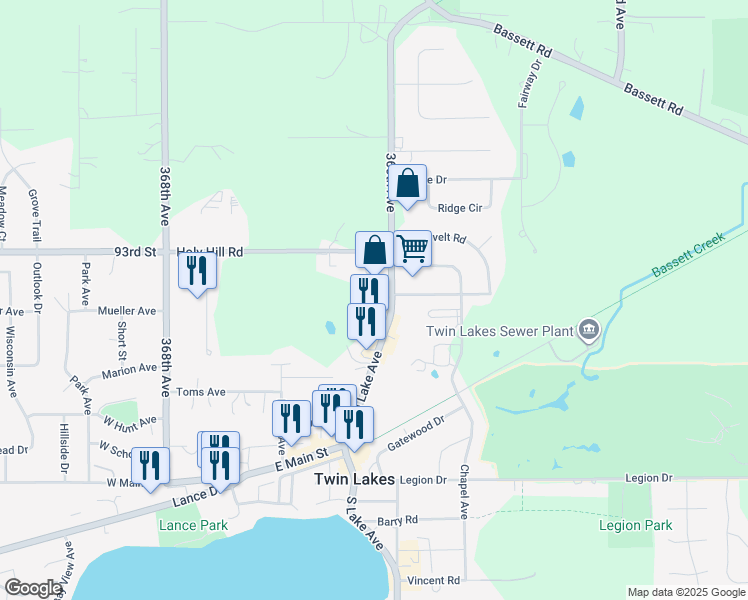 map of restaurants, bars, coffee shops, grocery stores, and more near 517 North Lake Avenue in Twin Lakes