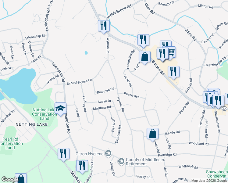 map of restaurants, bars, coffee shops, grocery stores, and more near 37 Wyman Road in Billerica