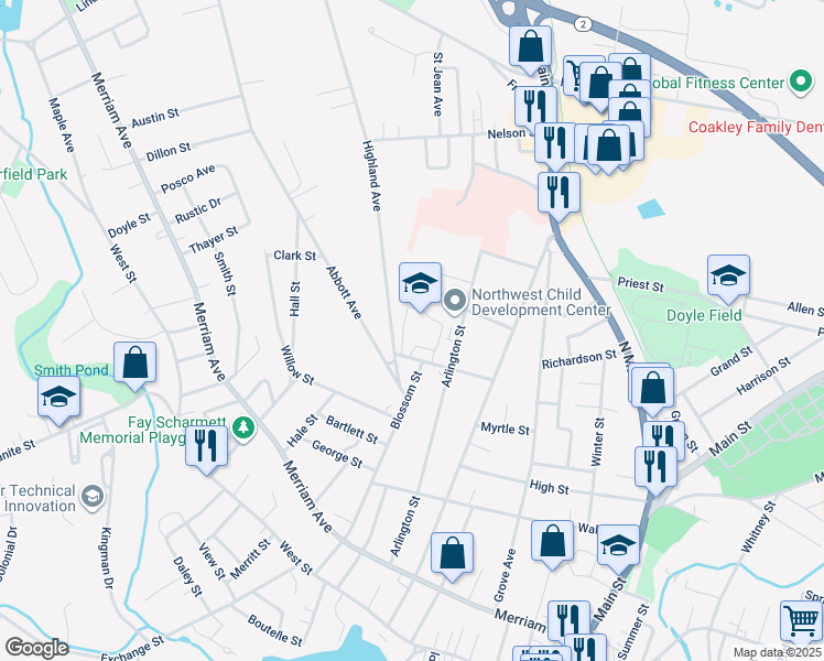 map of restaurants, bars, coffee shops, grocery stores, and more near 45 Stearns Avenue in Leominster