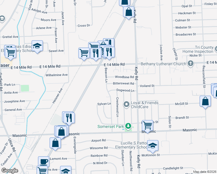 map of restaurants, bars, coffee shops, grocery stores, and more near 32640 Beacon Lane in Fraser