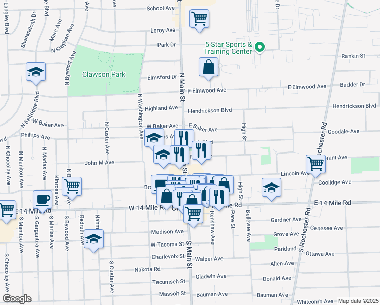 map of restaurants, bars, coffee shops, grocery stores, and more near 416 North Main Street in Clawson