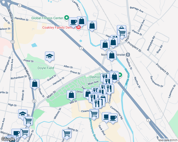 map of restaurants, bars, coffee shops, grocery stores, and more near 380 Main Street in Leominster
