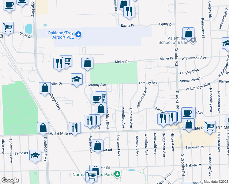 map of restaurants, bars, coffee shops, grocery stores, and more near 2425 Torquay Avenue in Royal Oak