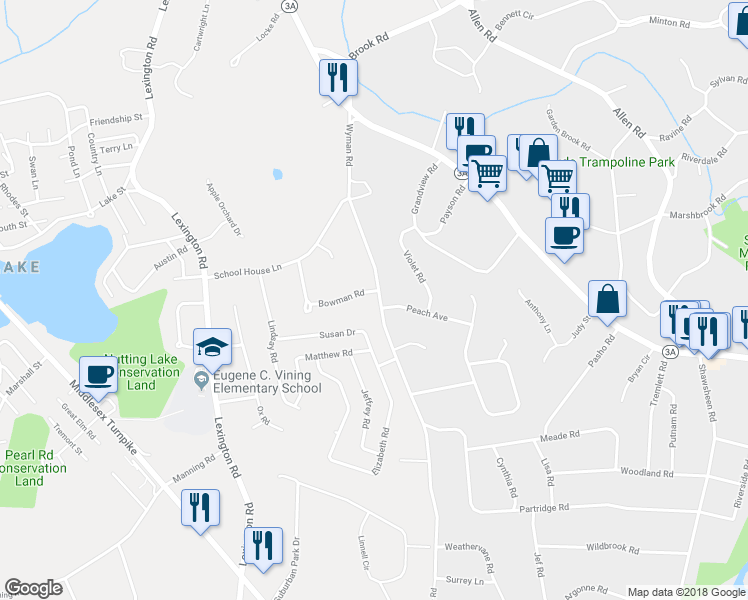 map of restaurants, bars, coffee shops, grocery stores, and more near 37 Wyman Road in Billerica