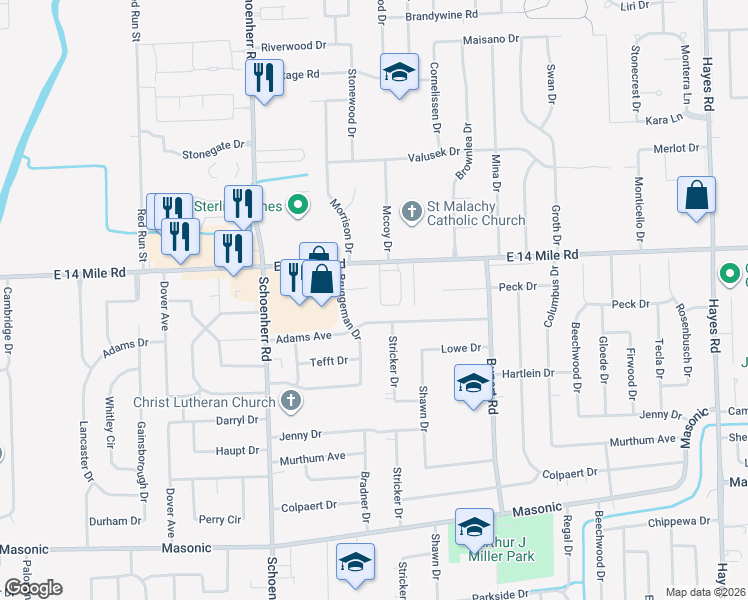 map of restaurants, bars, coffee shops, grocery stores, and more near 13988 Lynn Court in Warren
