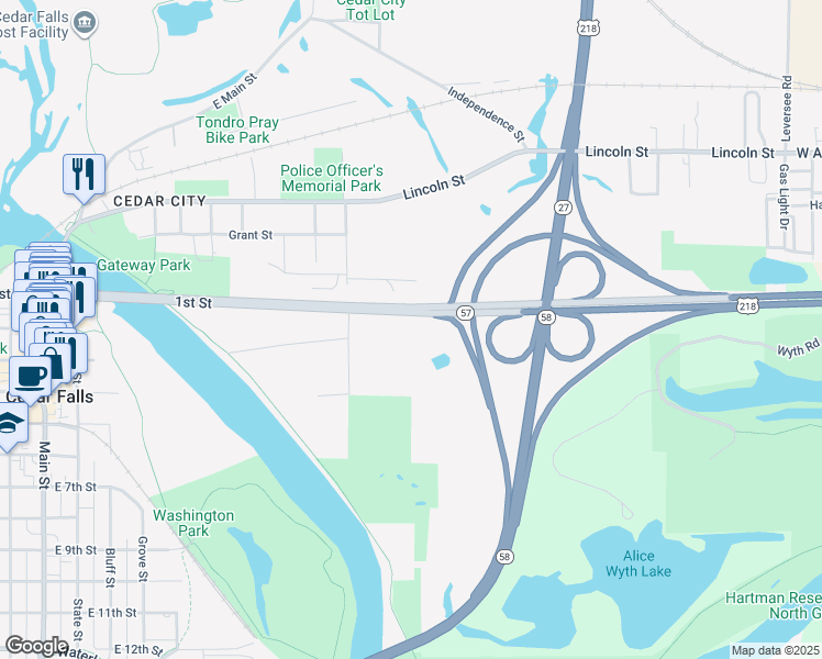 map of restaurants, bars, coffee shops, grocery stores, and more near 308 Roosevelt Street in Cedar Falls