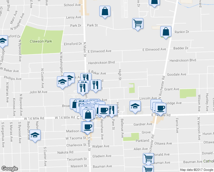 map of restaurants, bars, coffee shops, grocery stores, and more near 251 Fisher Court in Clawson