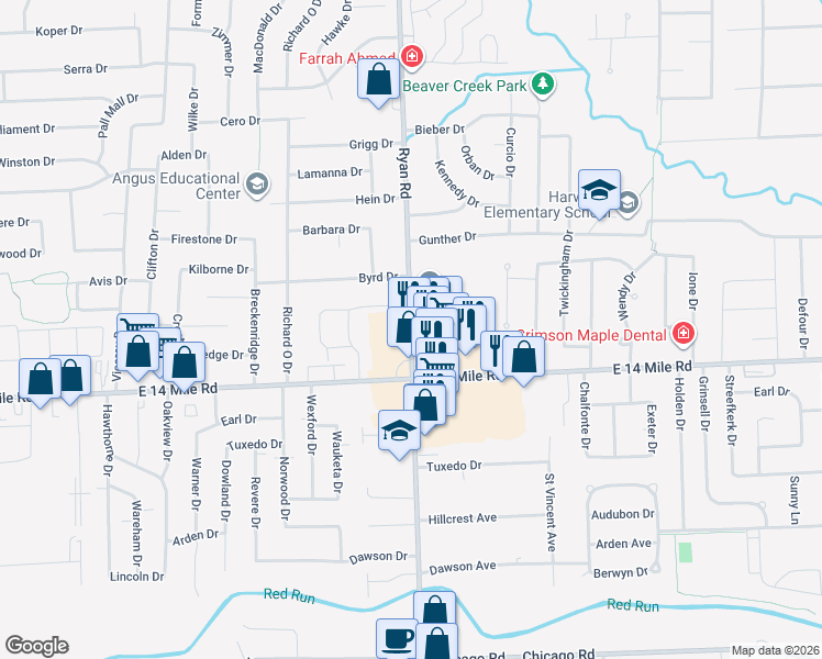 map of restaurants, bars, coffee shops, grocery stores, and more near 33190 Ryan Road in Sterling Heights