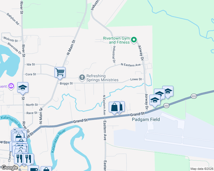 map of restaurants, bars, coffee shops, grocery stores, and more near 234 Eastern Avenue in Allegan