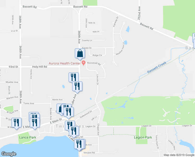 map of restaurants, bars, coffee shops, grocery stores, and more near 475 Lincoln Drive in Twin Lakes