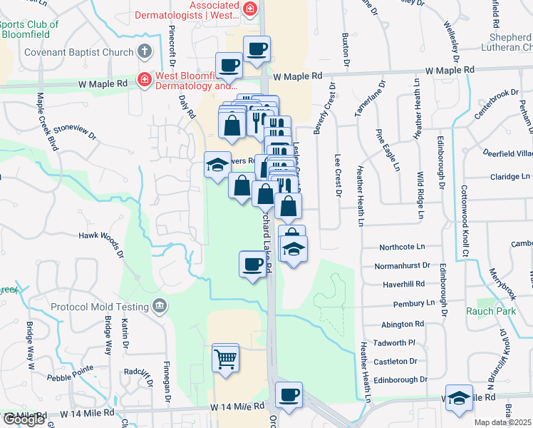 map of restaurants, bars, coffee shops, grocery stores, and more near 6900 Orchard Lake Road in West Bloomfield Township