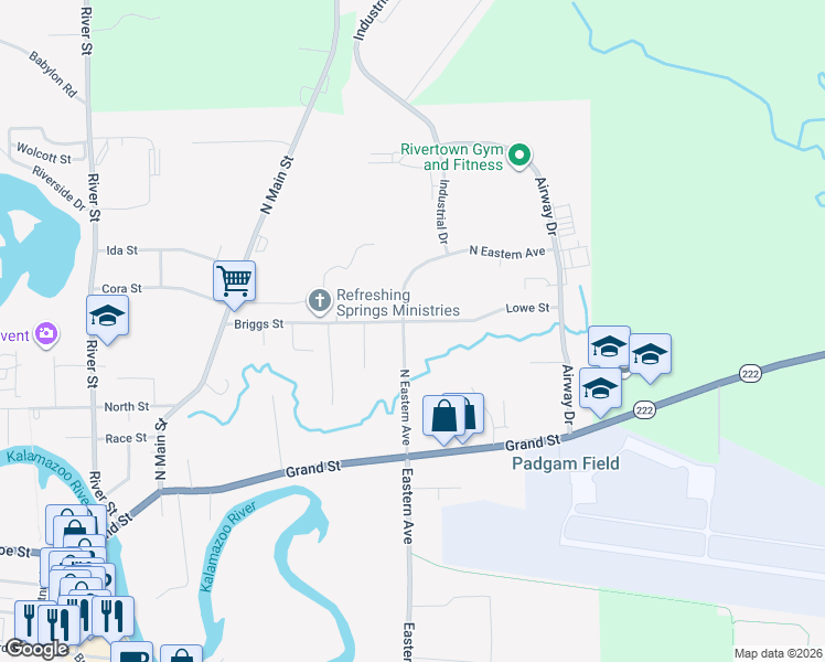 map of restaurants, bars, coffee shops, grocery stores, and more near 234 North Eastern Avenue in Allegan