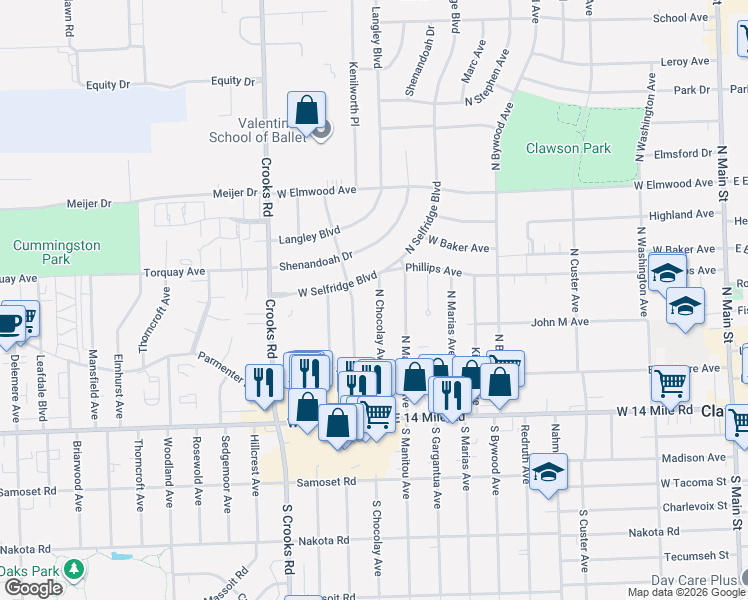 map of restaurants, bars, coffee shops, grocery stores, and more near 509 North Chocolay Avenue in Clawson