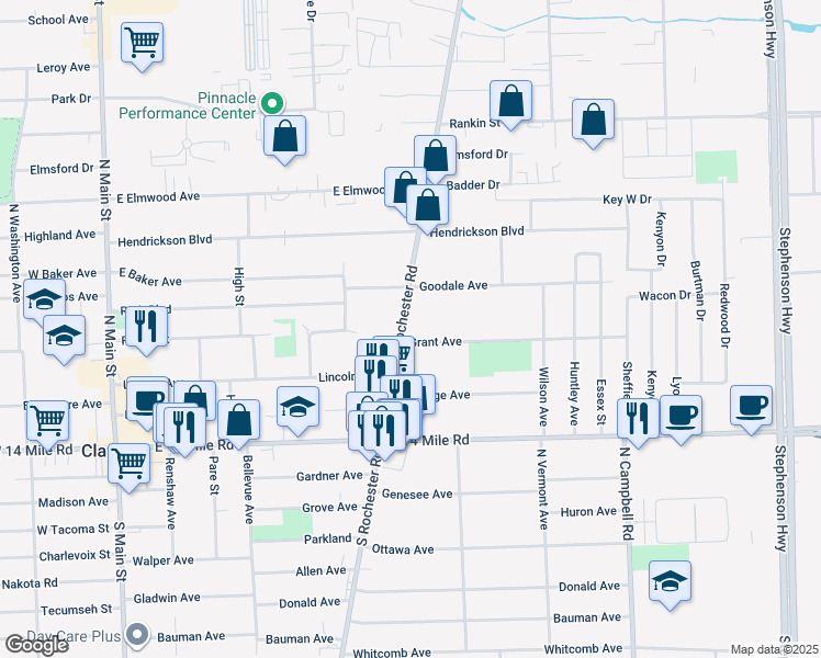 map of restaurants, bars, coffee shops, grocery stores, and more near 424 North Rochester Road in Clawson