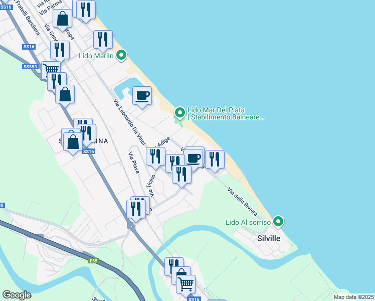 map of restaurants, bars, coffee shops, grocery stores, and more near 11 Viale Tevere in Silvi