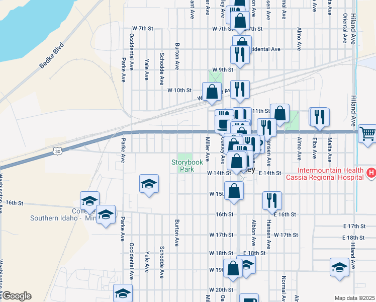 map of restaurants, bars, coffee shops, grocery stores, and more near 400 West 13th Street in Burley