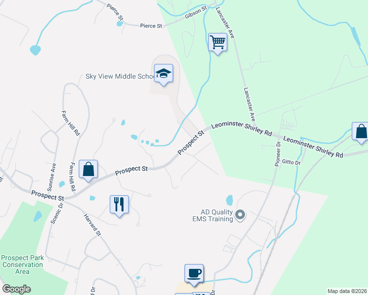 map of restaurants, bars, coffee shops, grocery stores, and more near 616 Prospect Street in Leominster