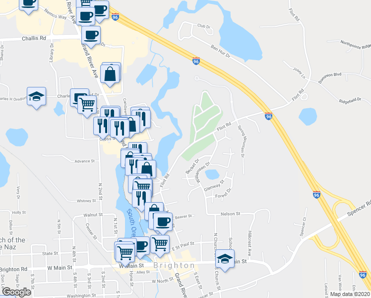 map of restaurants, bars, coffee shops, grocery stores, and more near 9880 East Grand River Avenue in Brighton