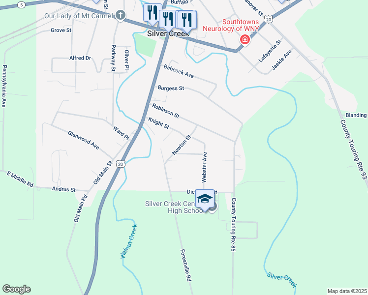 map of restaurants, bars, coffee shops, grocery stores, and more near 14 Newton St in Silver Creek