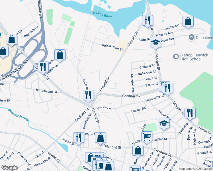 map of restaurants, bars, coffee shops, grocery stores, and more near 27 Pulaski Street in Peabody