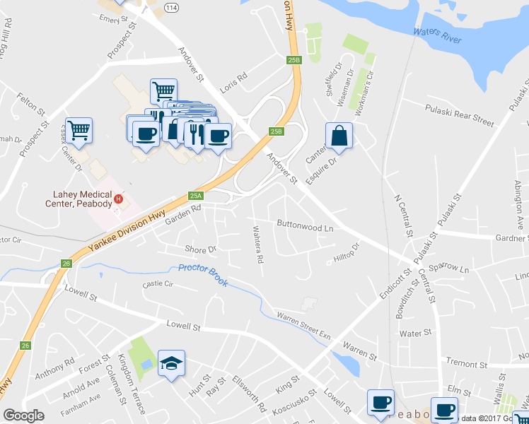 map of restaurants, bars, coffee shops, grocery stores, and more near 23 Violet Rd in Peabody