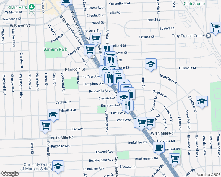 map of restaurants, bars, coffee shops, grocery stores, and more near 33703 Woodward Avenue in Birmingham