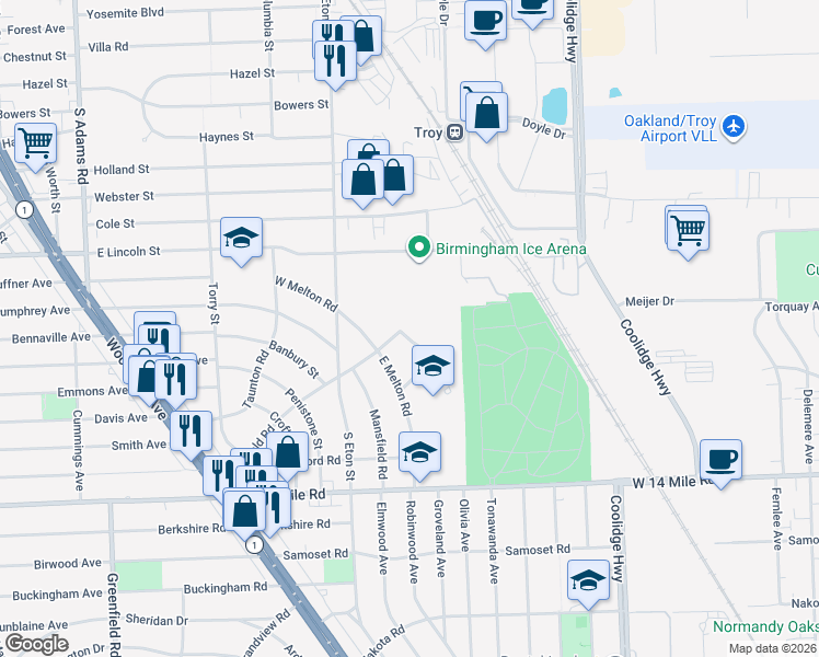 map of restaurants, bars, coffee shops, grocery stores, and more near 1503 Cheltenham Road in Birmingham