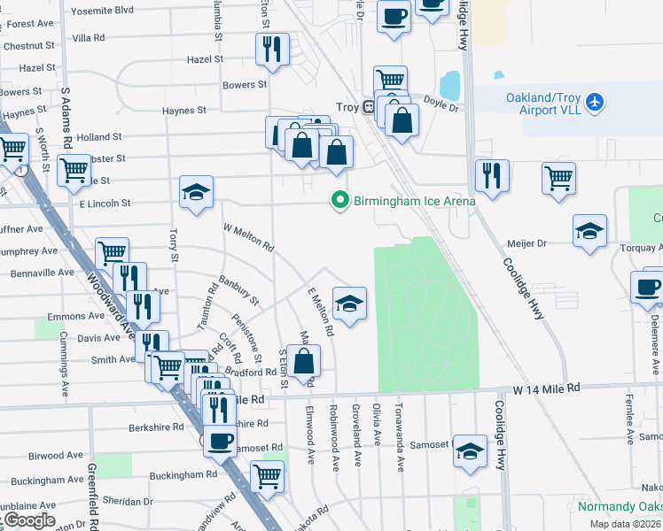map of restaurants, bars, coffee shops, grocery stores, and more near 1503 Cheltenham Road in Birmingham