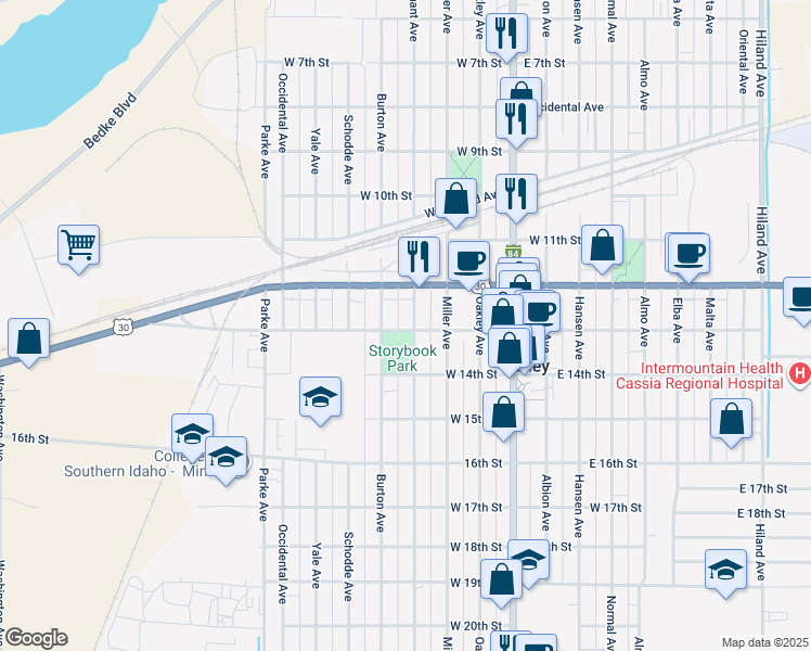 map of restaurants, bars, coffee shops, grocery stores, and more near 400 West 13th Street in Burley