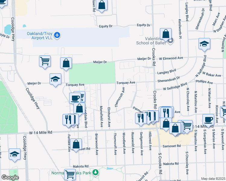 map of restaurants, bars, coffee shops, grocery stores, and more near 5079 Elmhurst Avenue in Royal Oak
