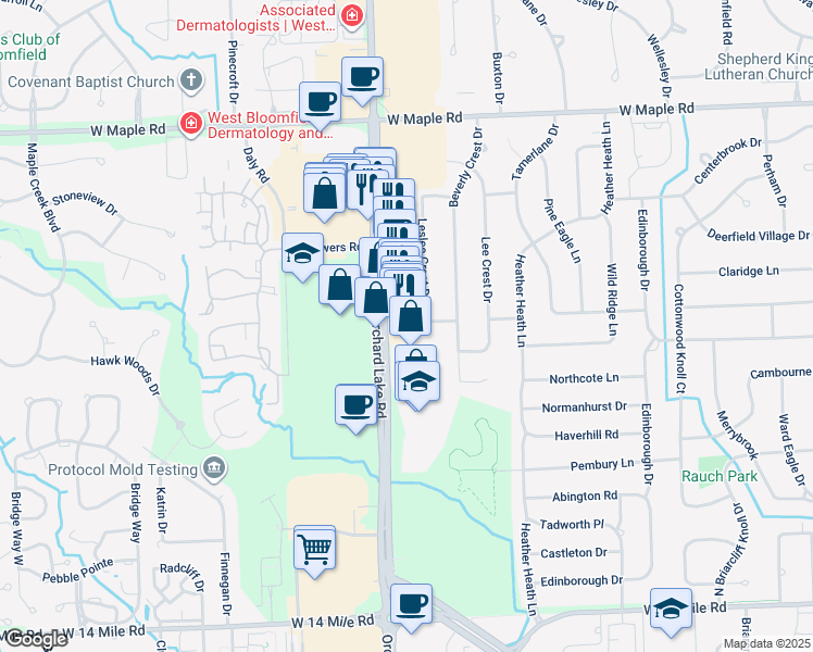 map of restaurants, bars, coffee shops, grocery stores, and more near 6927 Orchard Lake Road in West Bloomfield Township