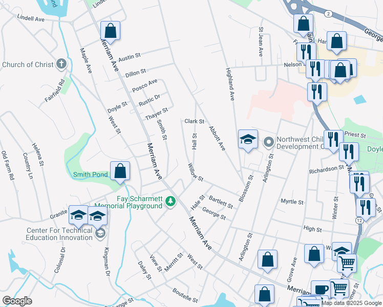 map of restaurants, bars, coffee shops, grocery stores, and more near 132 Hall Street in Leominster