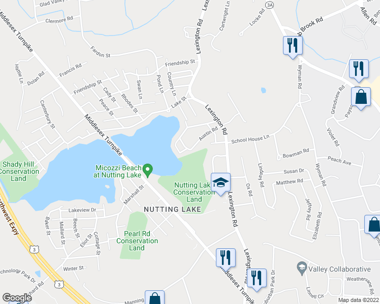 map of restaurants, bars, coffee shops, grocery stores, and more near 16 Austin Road in Billerica
