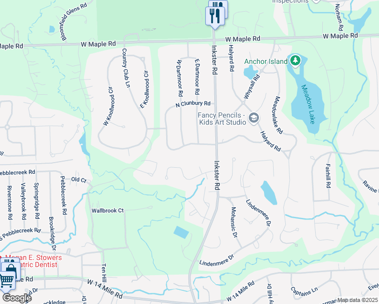 map of restaurants, bars, coffee shops, grocery stores, and more near 4995 South Clunbury Road in West Bloomfield Township