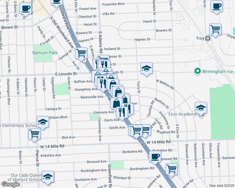 map of restaurants, bars, coffee shops, grocery stores, and more near 1295 Bennaville Avenue in Birmingham