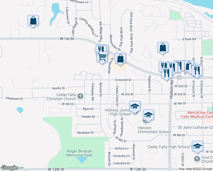 map of restaurants, bars, coffee shops, grocery stores, and more near 119 Magnolia Dr in Cedar Falls